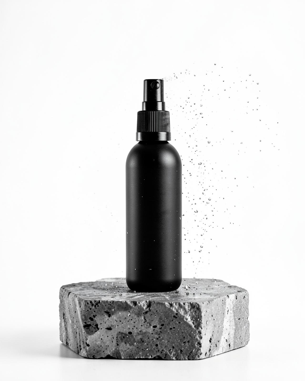 Matte black skincare mist bottle on a stone pedestal with fine mist droplets